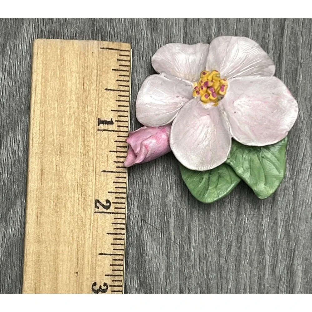 Vtg N Tobin HandPainted Flower Brooch Pin Pink White Green Artisan Signed Floral